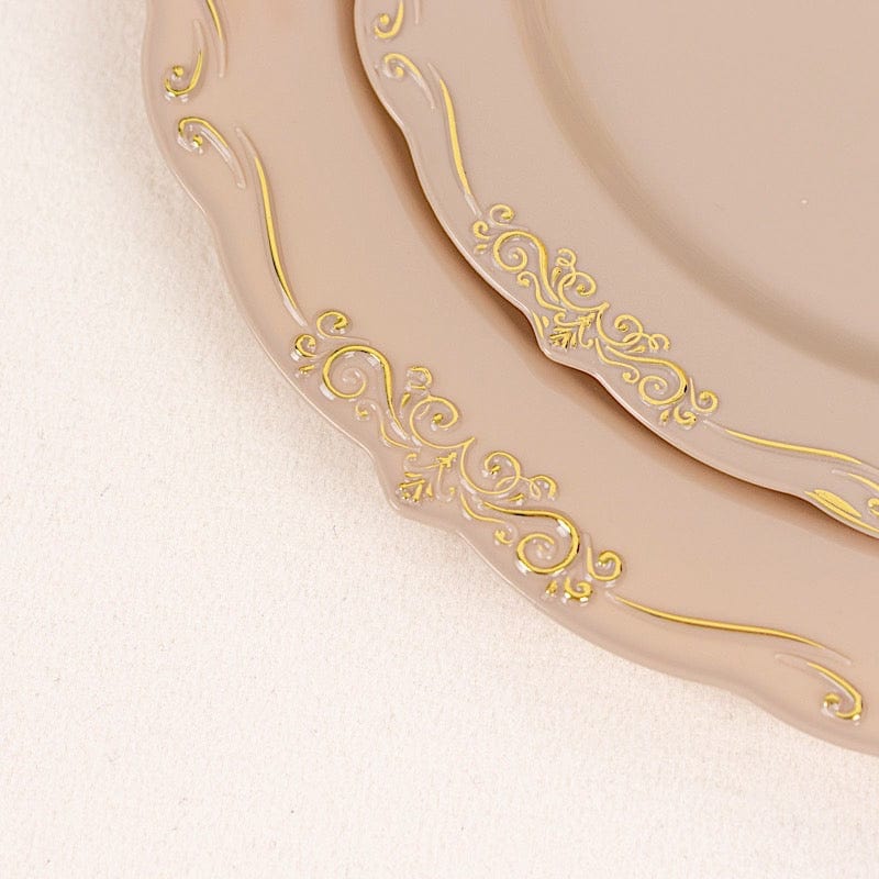 10 Round Disposable Salad and Dinner Plastic Plates with Embossed Scalloped Trim