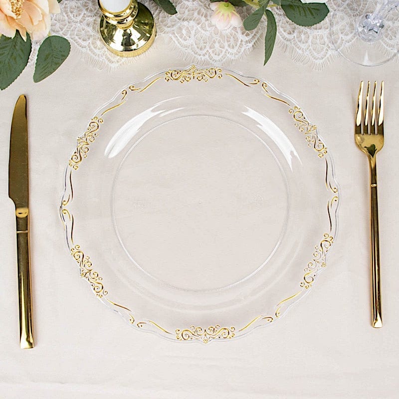 10 Round Disposable Salad and Dinner Plastic Plates with Embossed Scalloped Trim