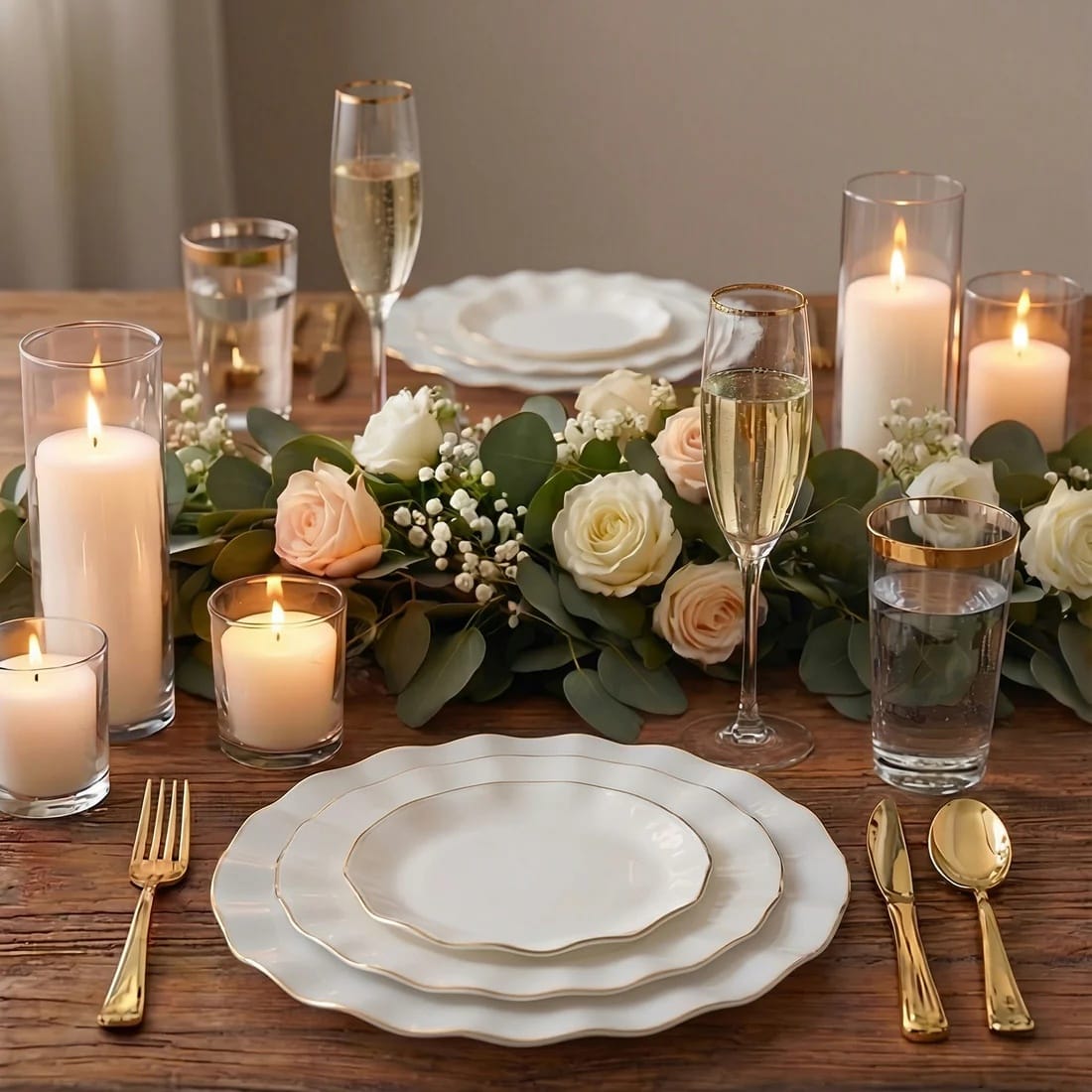 10 Round Disposable Salad Dinner Plastic Plates with Gold Wavy Trim