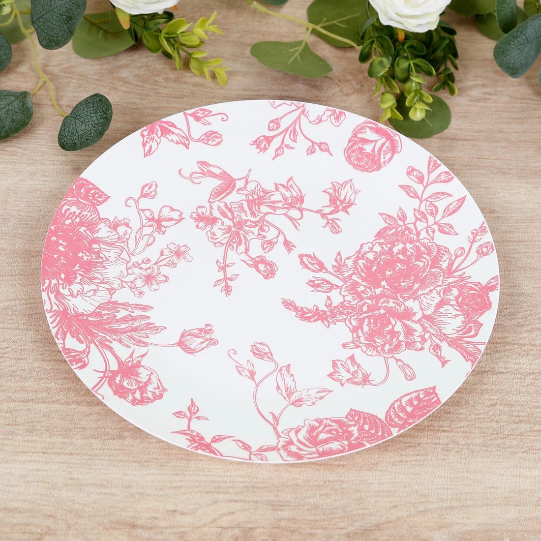10 Round French Toile Floral Disposable Salad and Dinner Plastic Plates