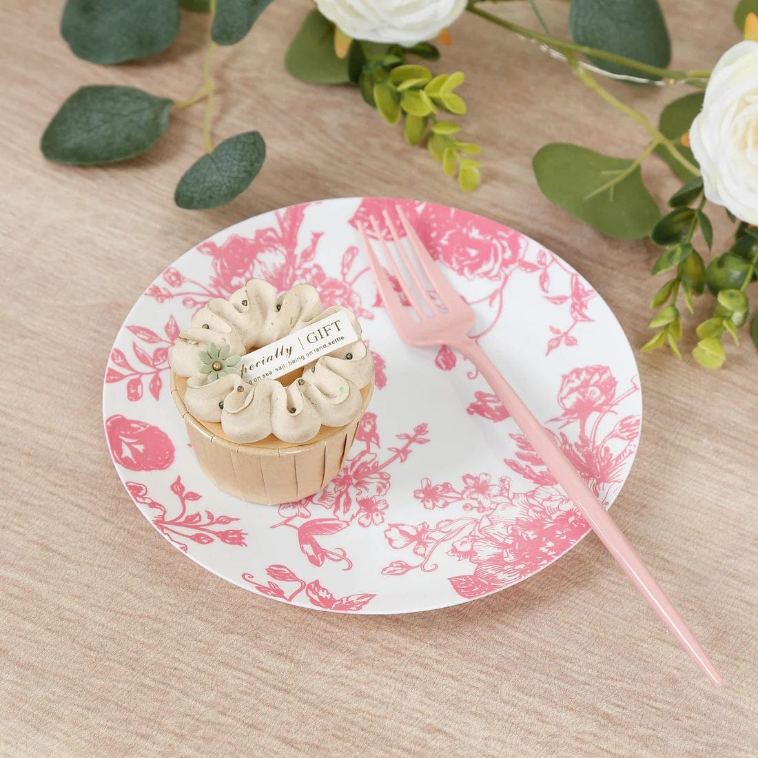 10 Round French Toile Floral Disposable Salad and Dinner Plastic Plates