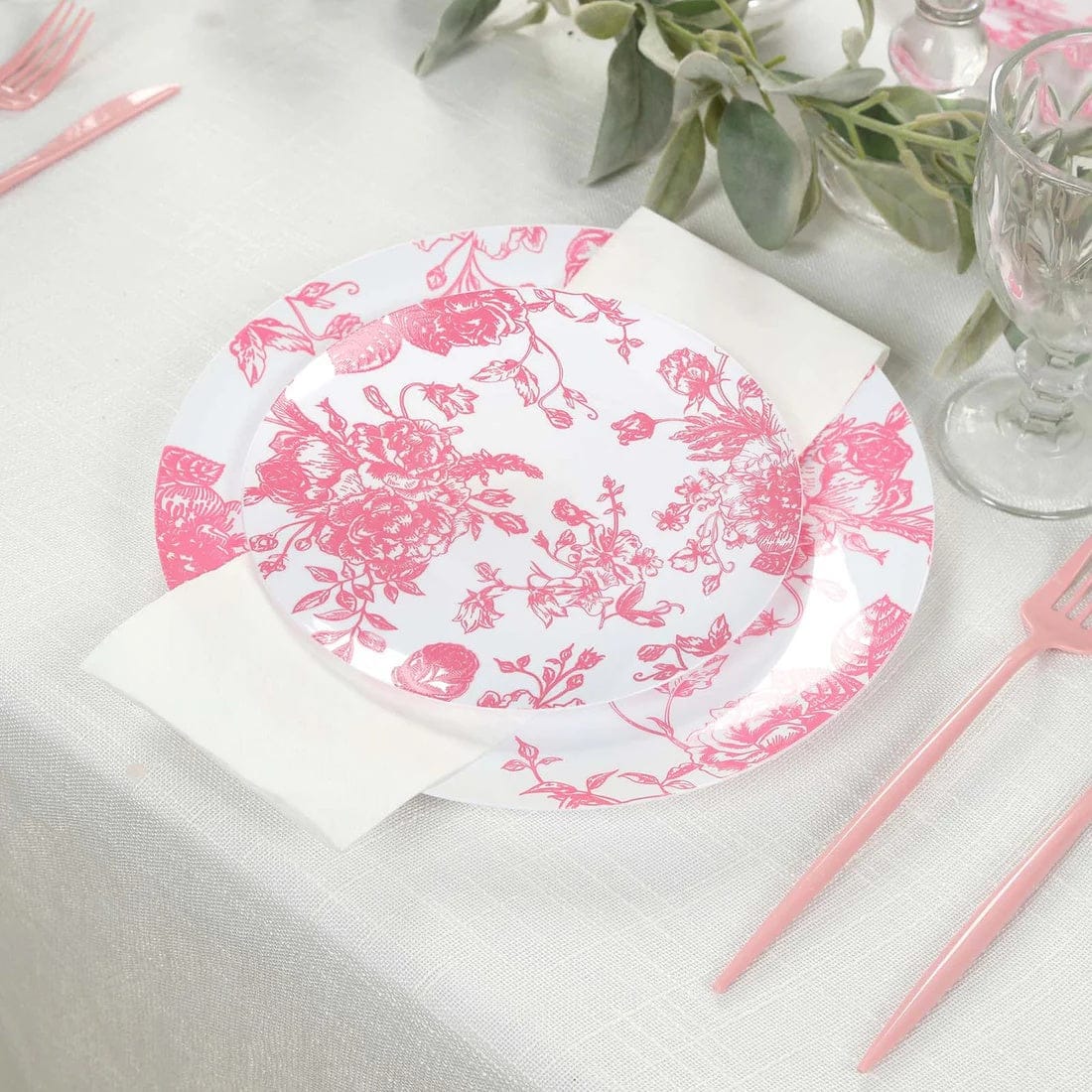 10 Round French Toile Floral Disposable Salad and Dinner Plastic Plates