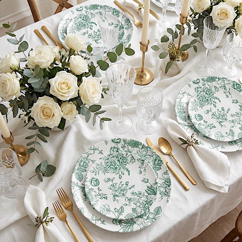 10 Round French Toile Floral Disposable Salad and Dinner Plastic Plates