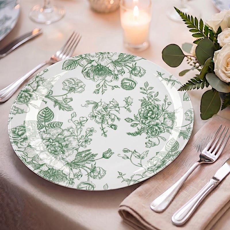 10 Round French Toile Floral Disposable Salad and Dinner Plastic Plates