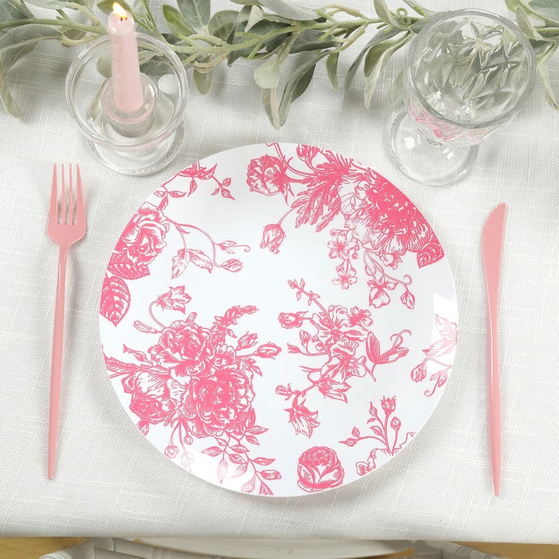 10 Round French Toile Floral Disposable Salad and Dinner Plastic Plates