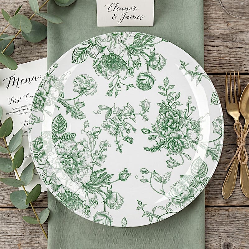 10 Round French Toile Floral Disposable Salad and Dinner Plastic Plates