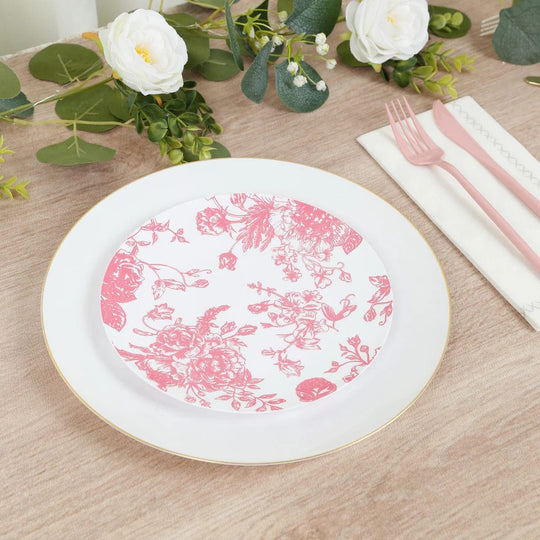 10 Round French Toile Floral Disposable Salad and Dinner Plastic Plates