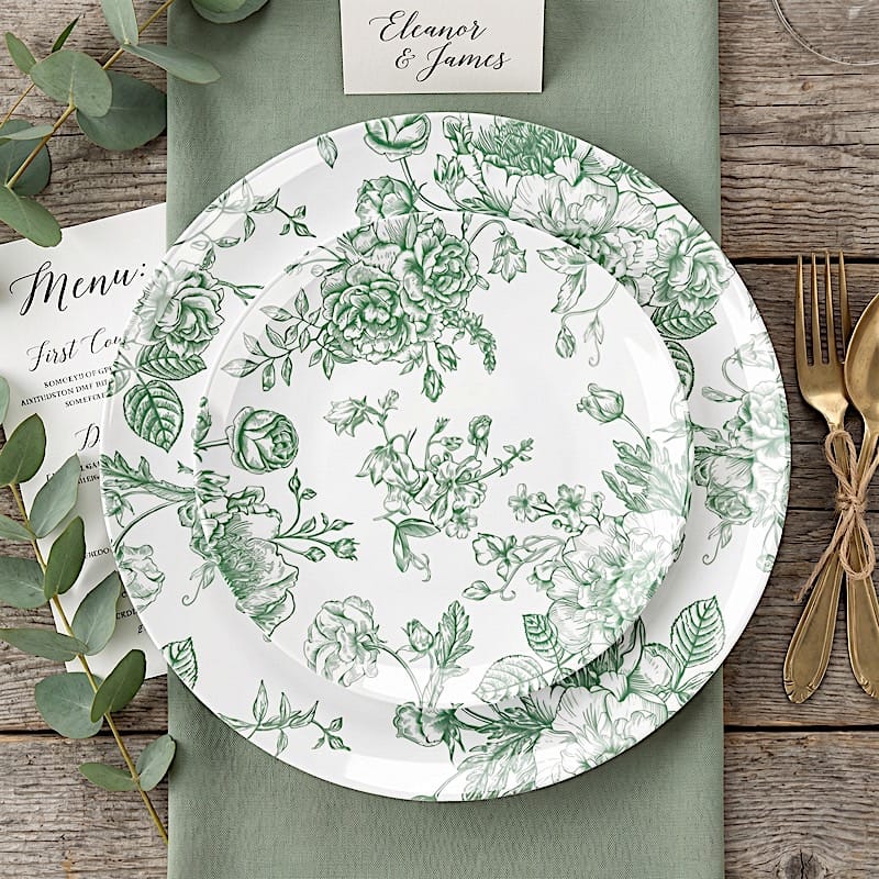 10 Round French Toile Floral Disposable Salad and Dinner Plastic Plates