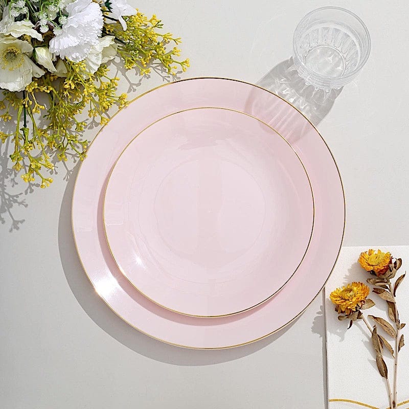 10 Round Glossy Disposable Salad and Dinner Plastic Plates with Gold Trim