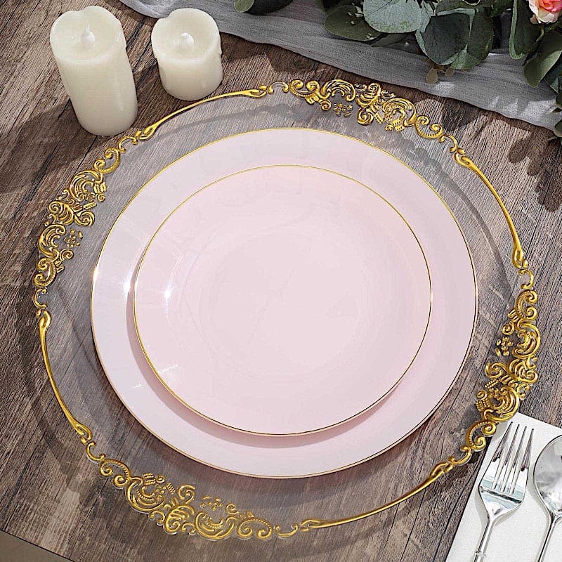 10 Round Glossy Disposable Salad and Dinner Plastic Plates with Gold Trim
