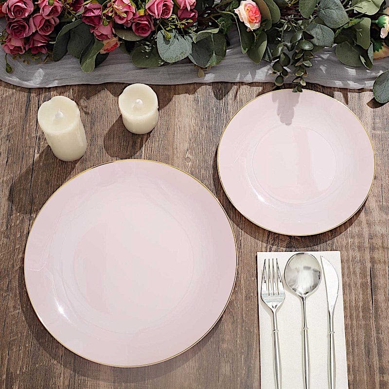 10 Round Glossy Disposable Salad and Dinner Plastic Plates with Gold Trim