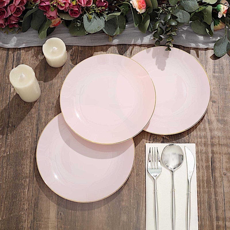 10 Round Glossy Disposable Salad and Dinner Plastic Plates with Gold Trim