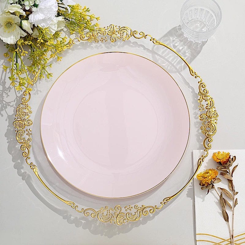 10 Round Glossy Disposable Salad and Dinner Plastic Plates with Gold Trim