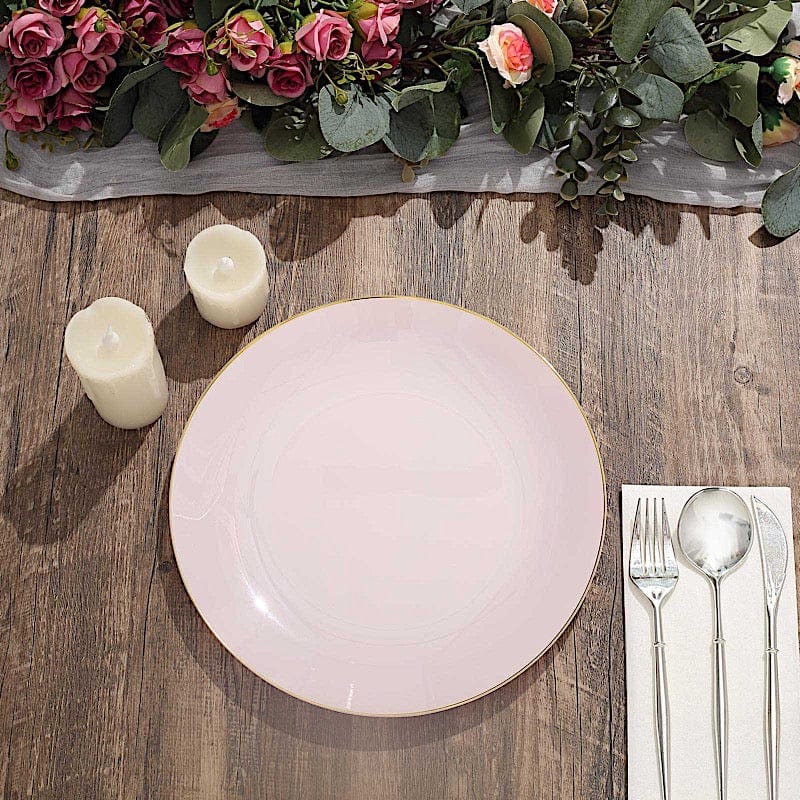 10 Round Glossy Disposable Salad and Dinner Plastic Plates with Gold Trim