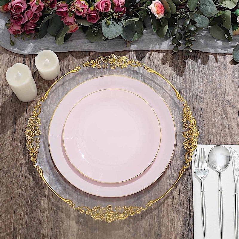 10 Round Glossy Disposable Salad and Dinner Plastic Plates with Gold Trim