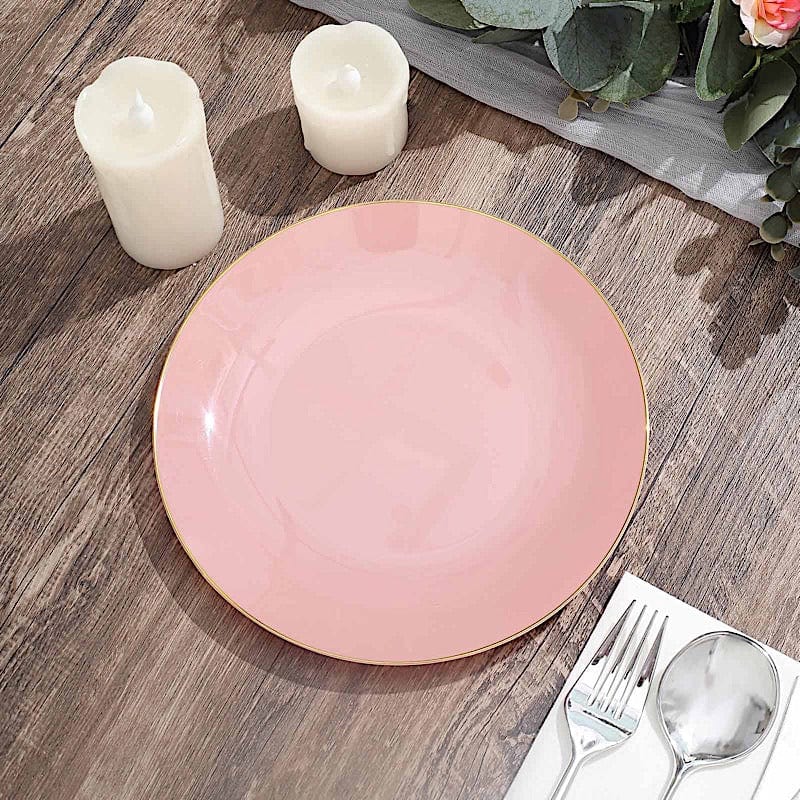 10 Round Glossy Disposable Salad and Dinner Plastic Plates with Gold Trim