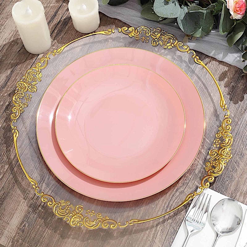 10 Round Glossy Disposable Salad and Dinner Plastic Plates with Gold Trim