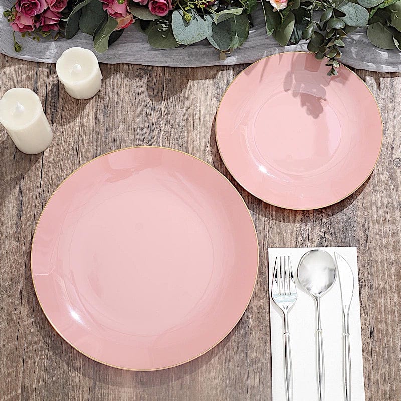 10 Round Glossy Disposable Salad and Dinner Plastic Plates with Gold Trim