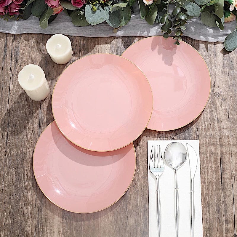 10 Round Glossy Disposable Salad and Dinner Plastic Plates with Gold Trim