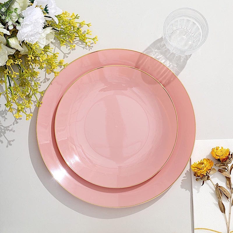 10 Round Glossy Disposable Salad and Dinner Plastic Plates with Gold Trim