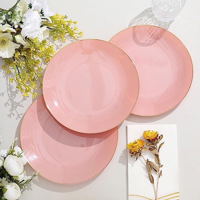 10 Round Glossy Disposable Salad and Dinner Plastic Plates with Gold Trim