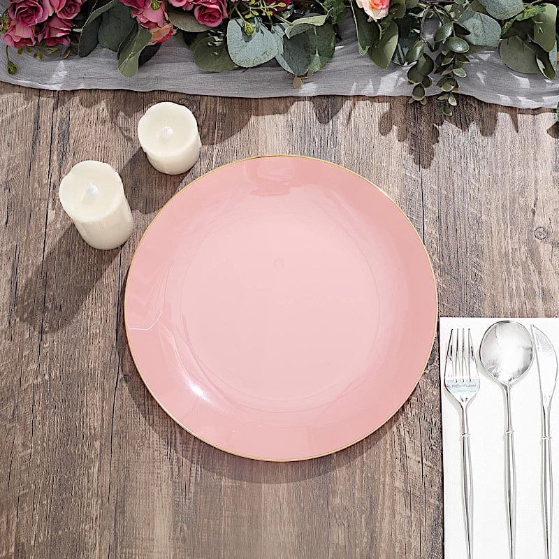 10 Round Glossy Disposable Salad and Dinner Plastic Plates with Gold Trim
