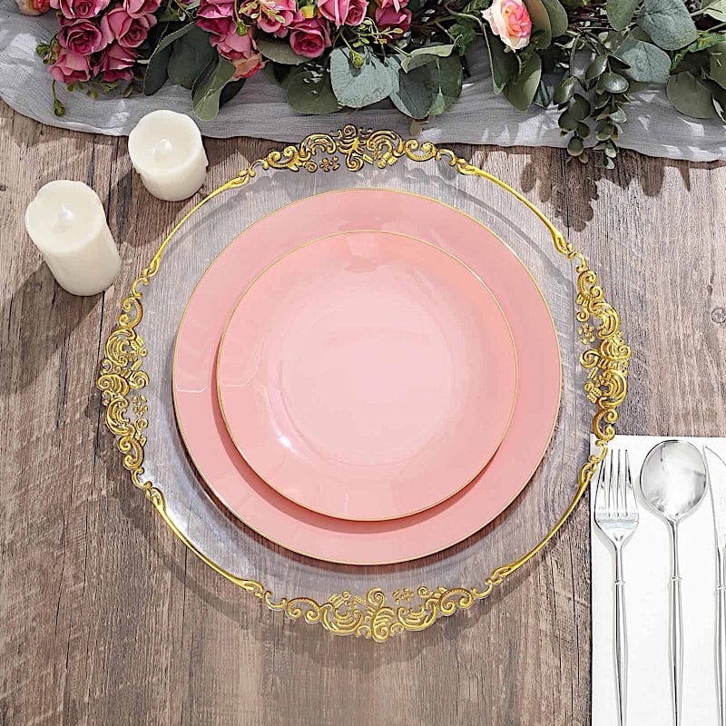 10 Round Glossy Disposable Salad and Dinner Plastic Plates with Gold Trim