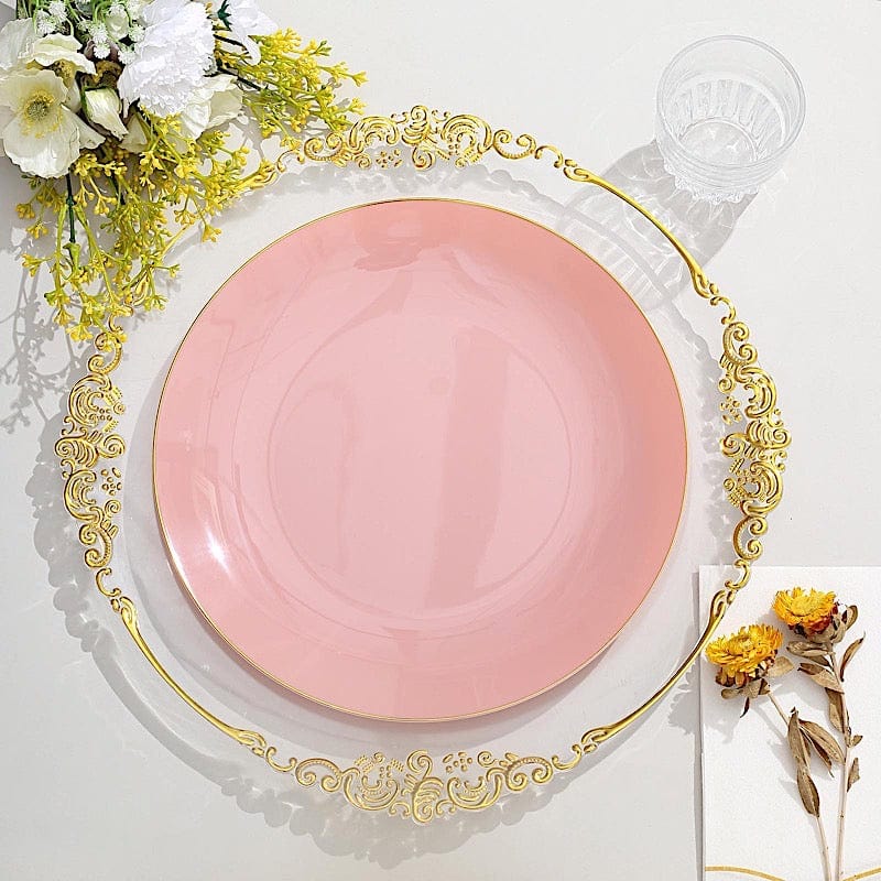 10 Round Glossy Disposable Salad and Dinner Plastic Plates with Gold Trim