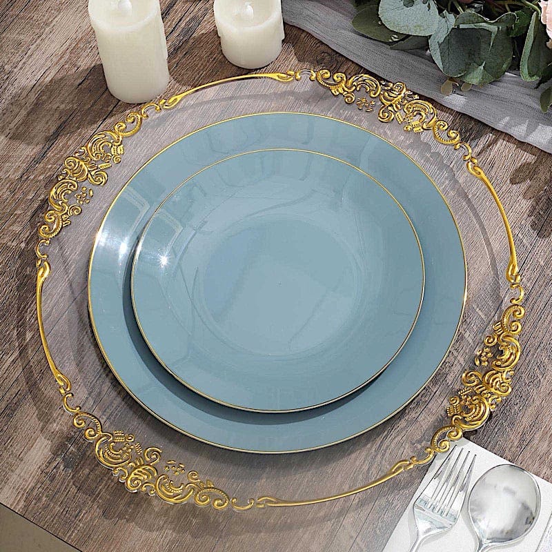 10 Round Glossy Disposable Salad and Dinner Plastic Plates with Gold Trim