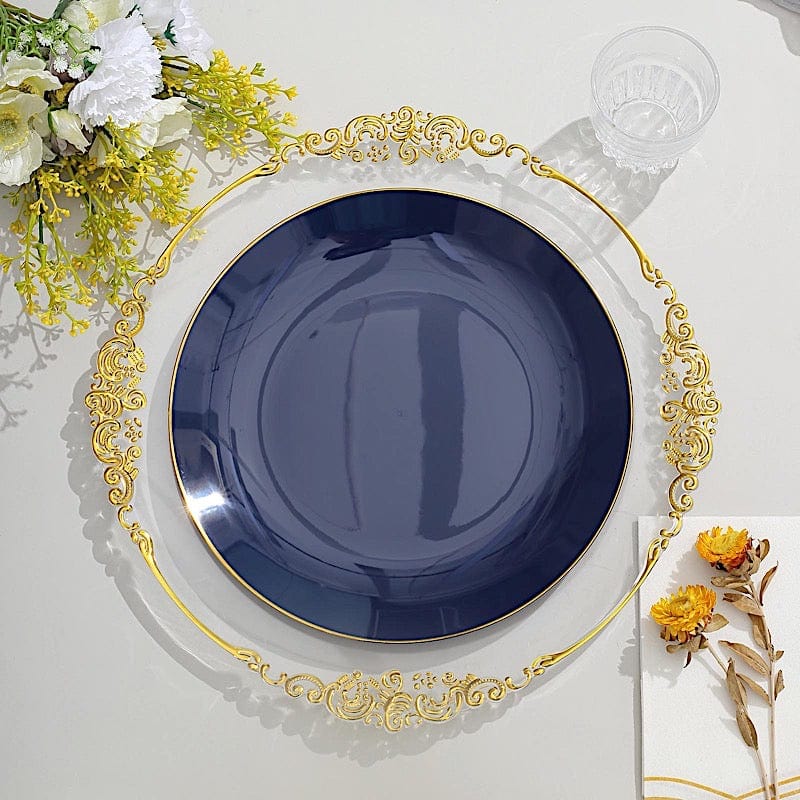 10 Round Glossy Disposable Salad and Dinner Plastic Plates with Gold Trim