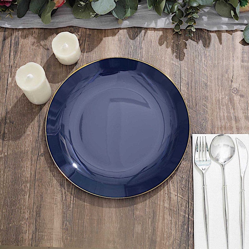 10 Round Glossy Disposable Salad and Dinner Plastic Plates with Gold Trim
