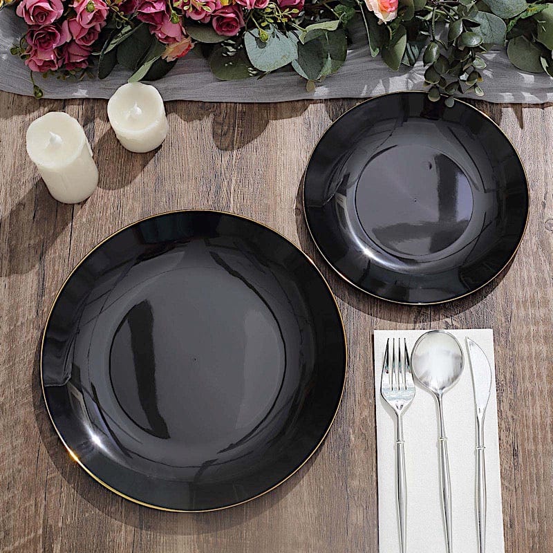 10 Round Glossy Disposable Salad and Dinner Plastic Plates with Gold Trim