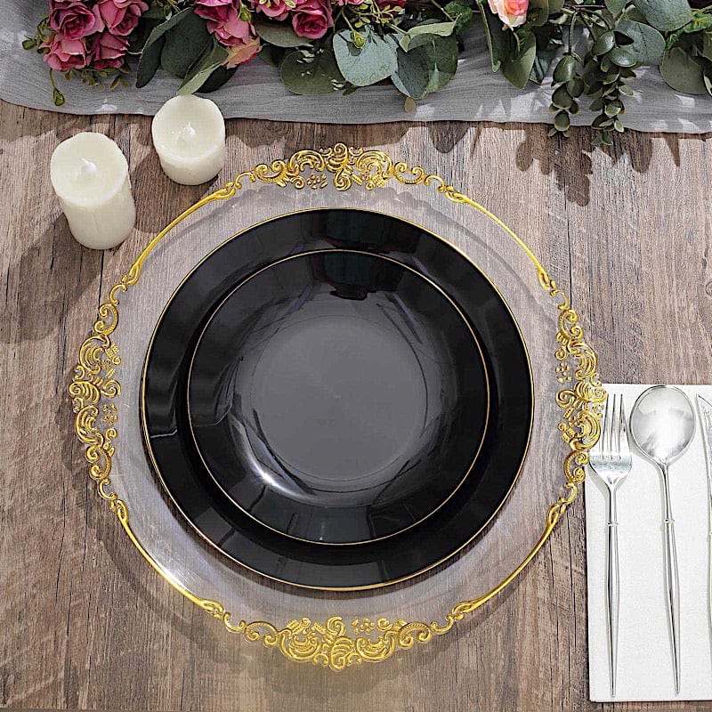 10 Round Glossy Disposable Salad and Dinner Plastic Plates with Gold Trim