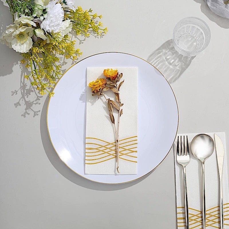 10 Round Glossy Disposable Salad and Dinner Plastic Plates with Gold Trim