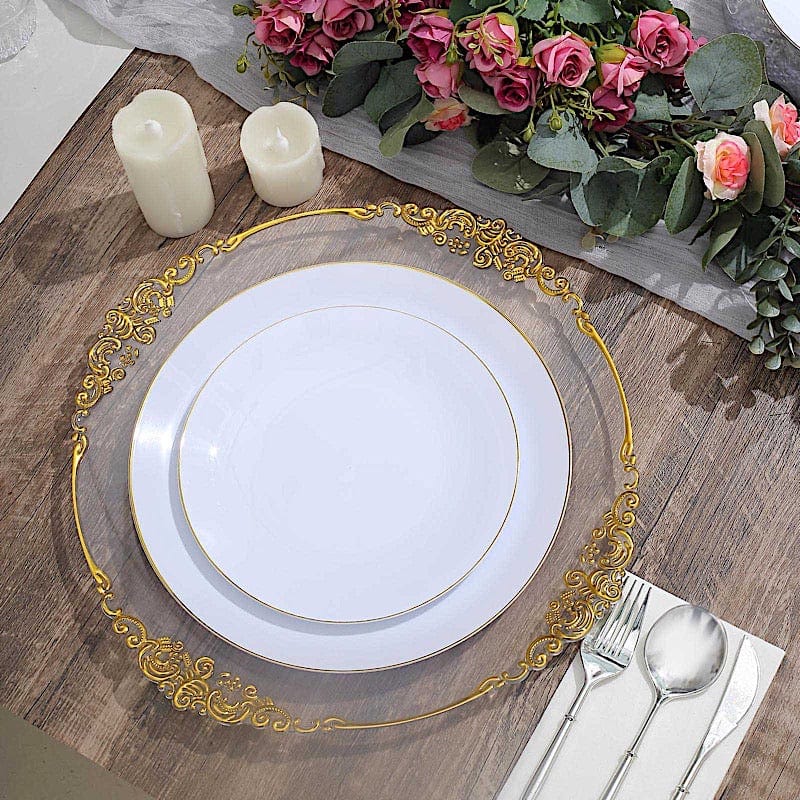 10 Round Glossy Disposable Salad and Dinner Plastic Plates with Gold Trim