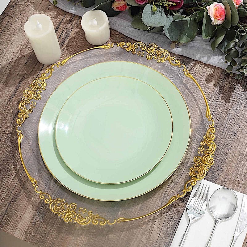 10 Round Glossy Disposable Salad and Dinner Plastic Plates with Gold Trim