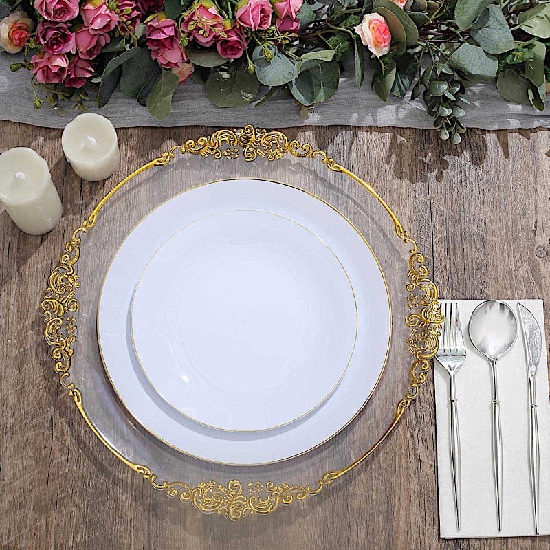 10 Round Glossy Disposable Salad and Dinner Plastic Plates with Gold Trim