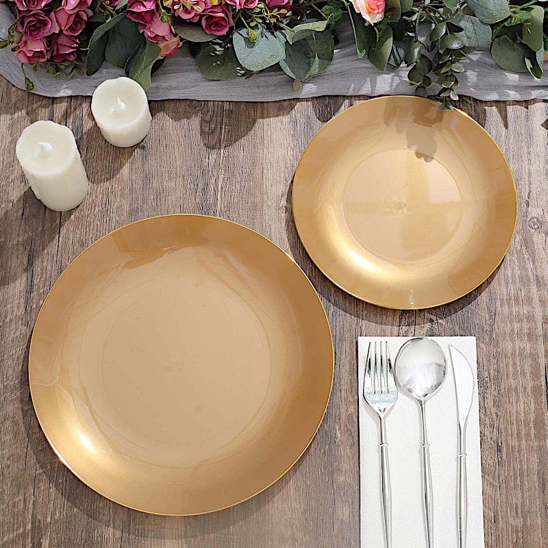 10 Round Glossy Disposable Salad and Dinner Plastic Plates with Gold Trim