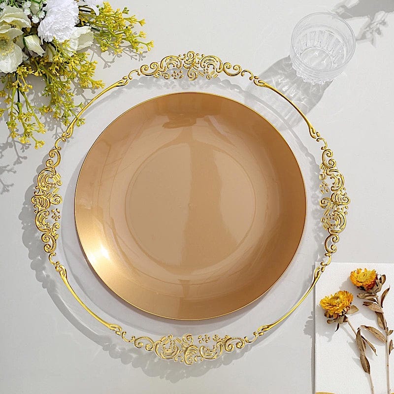 10 Round Glossy Disposable Salad and Dinner Plastic Plates with Gold Trim