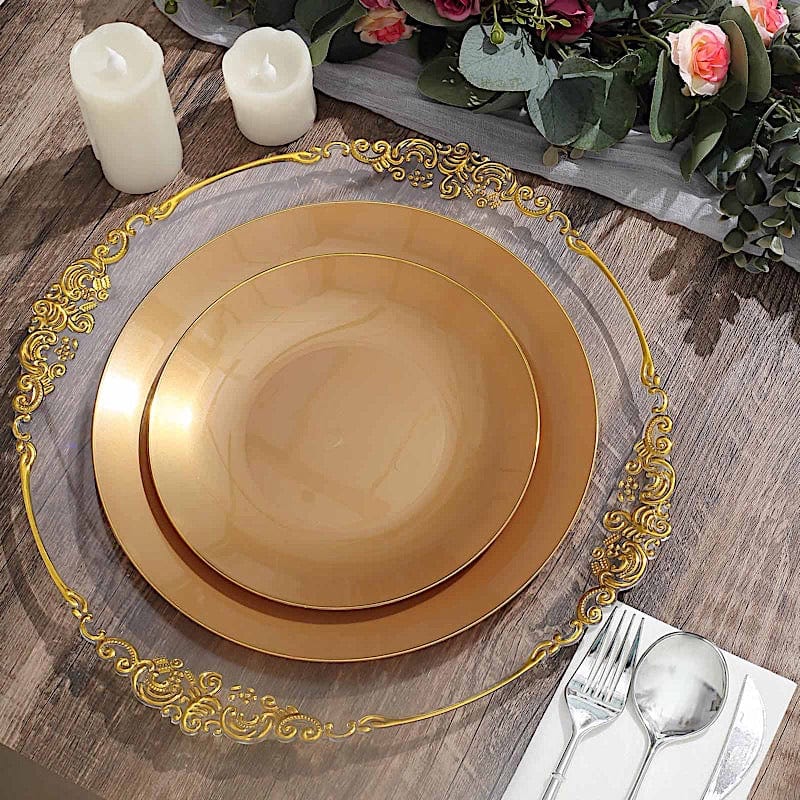 10 Round Glossy Disposable Salad and Dinner Plastic Plates with Gold Trim