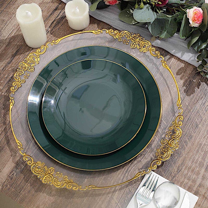 10 Round Glossy Disposable Salad and Dinner Plastic Plates with Gold Trim