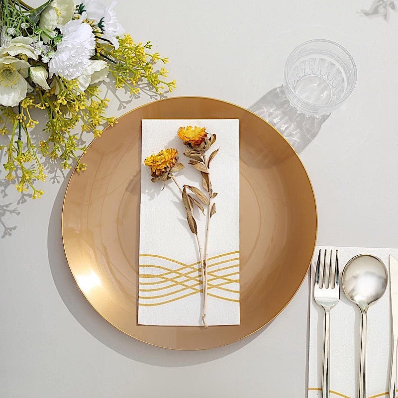 10 Round Glossy Disposable Salad and Dinner Plastic Plates with Gold Trim