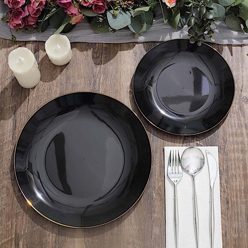 10 Round Glossy Disposable Salad and Dinner Plastic Plates with Gold Trim