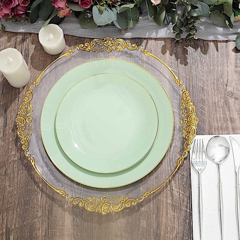10 Round Glossy Disposable Salad and Dinner Plastic Plates with Gold Trim