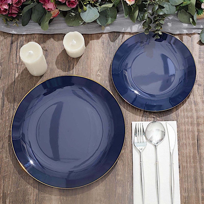 10 Round Glossy Disposable Salad and Dinner Plastic Plates with Gold Trim