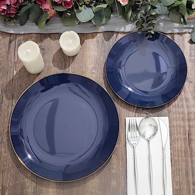 10 Round Glossy Disposable Salad and Dinner Plastic Plates with Gold Trim