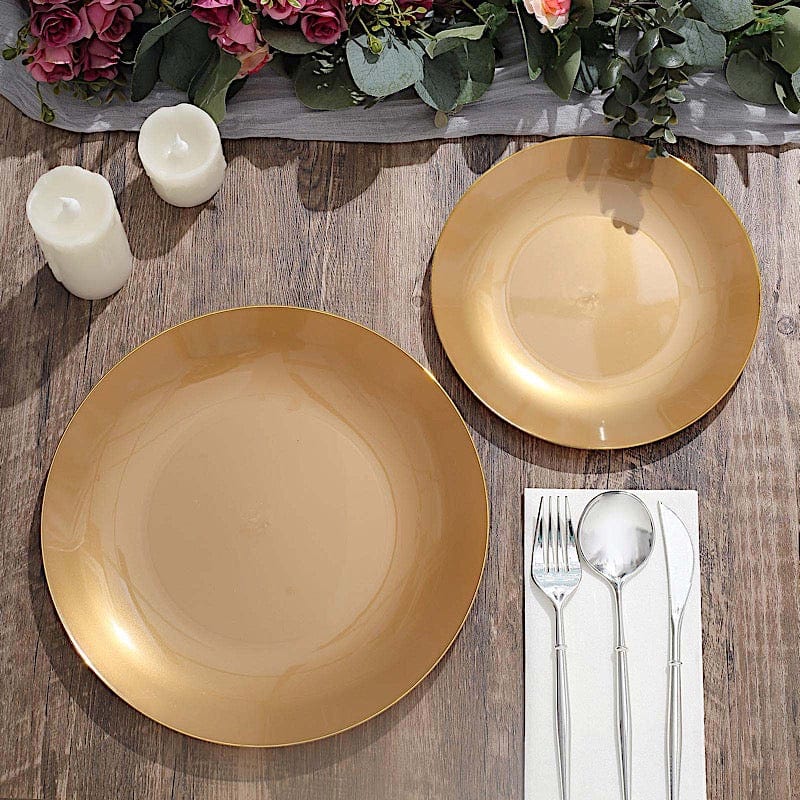 10 Round Glossy Disposable Salad and Dinner Plastic Plates with Gold Trim