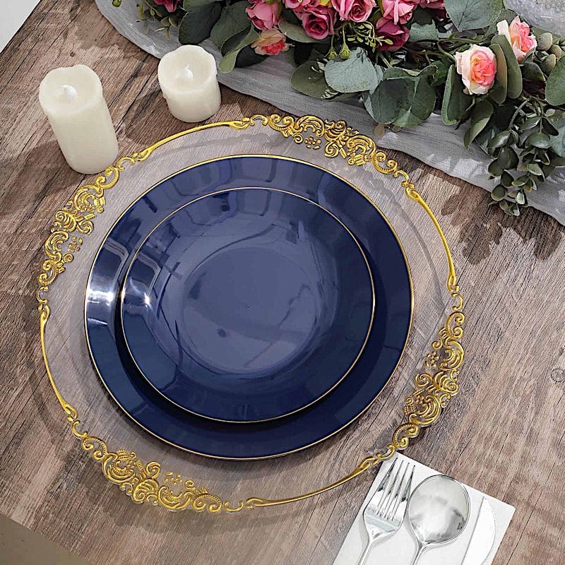 10 Round Glossy Disposable Salad and Dinner Plastic Plates with Gold Trim