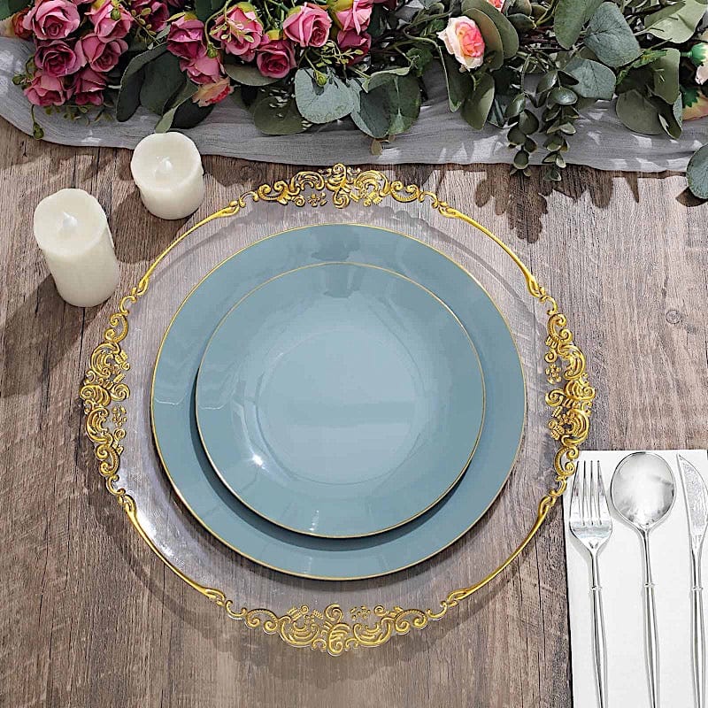 10 Round Glossy Disposable Salad and Dinner Plastic Plates with Gold Trim