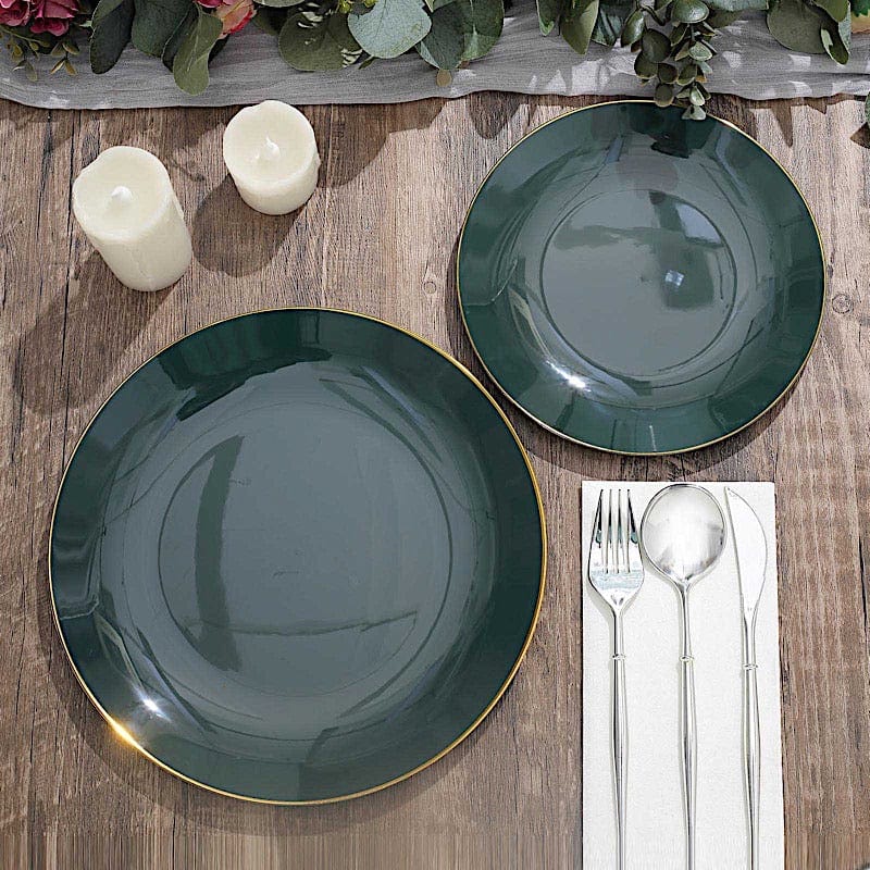 10 Round Glossy Disposable Salad and Dinner Plastic Plates with Gold Trim
